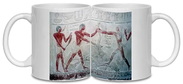 Wallpainting of 3 butchers cutting up a carcase, Tomb of Idut, 5th Dynasty, c2350 BC