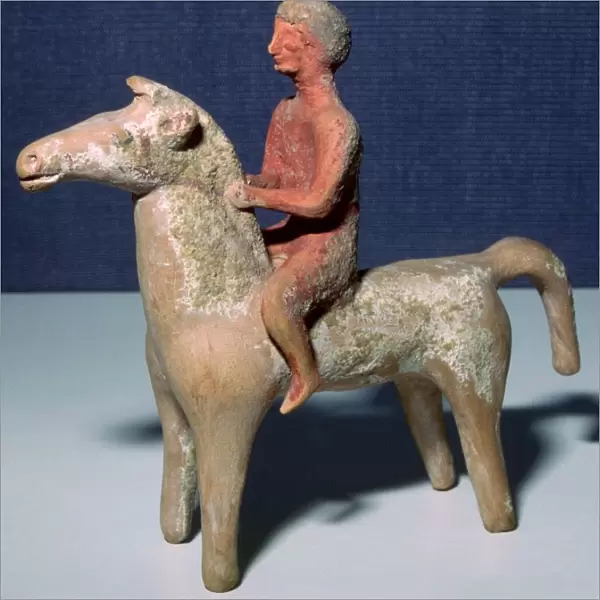 Greek terracotta statuette of a horse and rider, 6th century BC