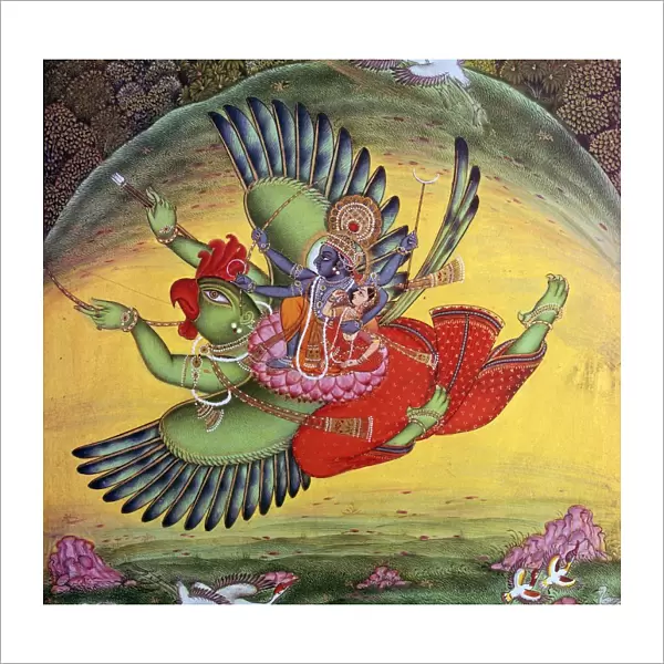Painting of Vishnu and his consort Lakshmi riding on the bird-god Garuda