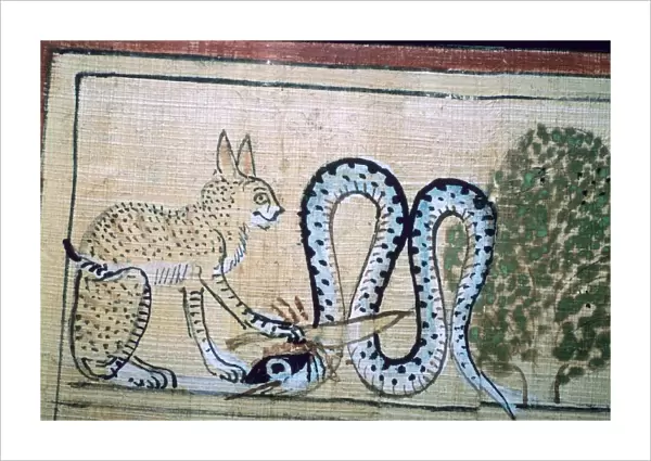 Egyptian papyrus of the cat of Ra killing Apophis the snake of evil