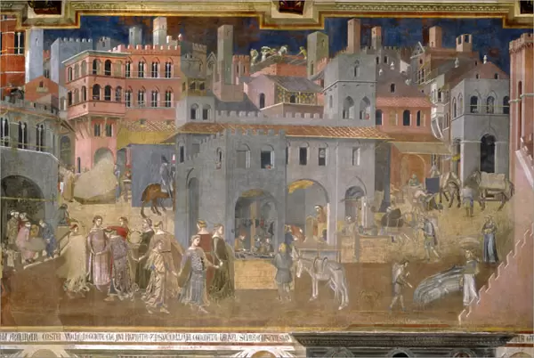 Effects of Good Government in the city (Cycle of frescoes The Allegory of the Good and Bad Government), 1338-1339. Artist: Lorenzetti, Ambrogio (ca 1290-ca 1348)