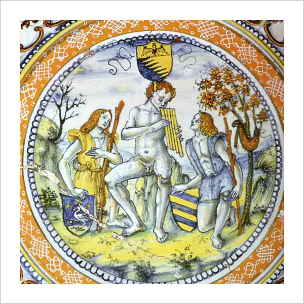 Italian earthenware plate showing Pan piping to two shepherds. Artist: Maestro Benedetto