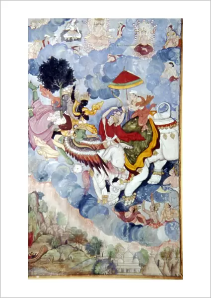 Krishna, riding the Bird-God Garuda, fights the God, Indra (on an elephant), c1590