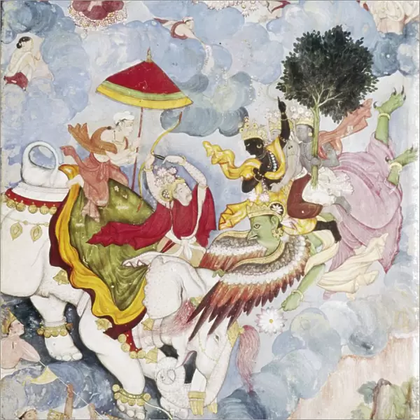 Krishna, (on Bird-God, Garuda) fights Indra (on elephant), Harivamsa manuscript, c1590