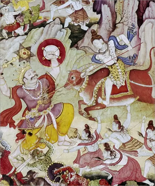 Siva destroys the demon Andhaka, Harivamsa manuscript, Mughul, c1590
