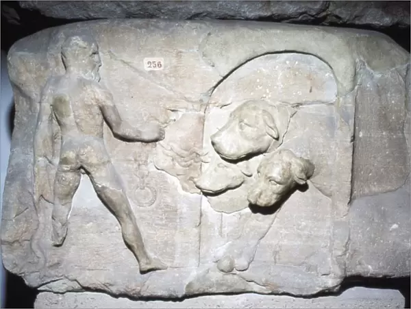 Relief from mausoleum of Hercules chaining Cerberus, c2nd century