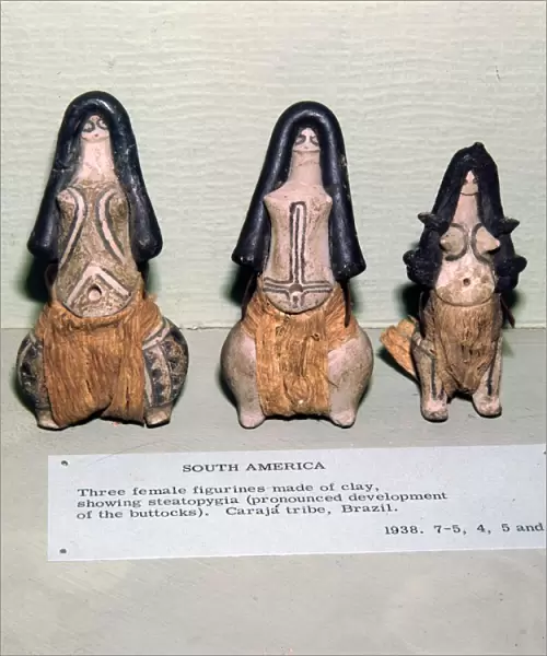 Three Clay Female Fertility figures from Caraja Tribe, Brazil showing Steatopygia