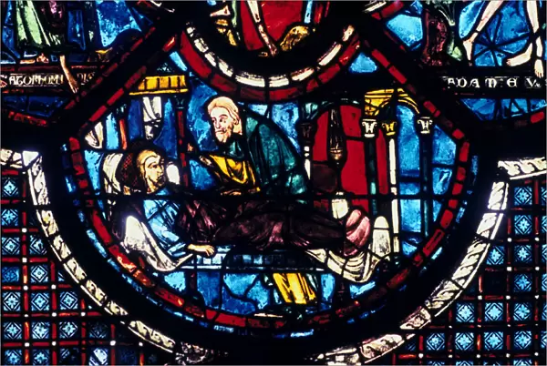 The Good Samaritan cares for the Pilgrim, stained glass, Chartres Cathedral, France, 1205-1215