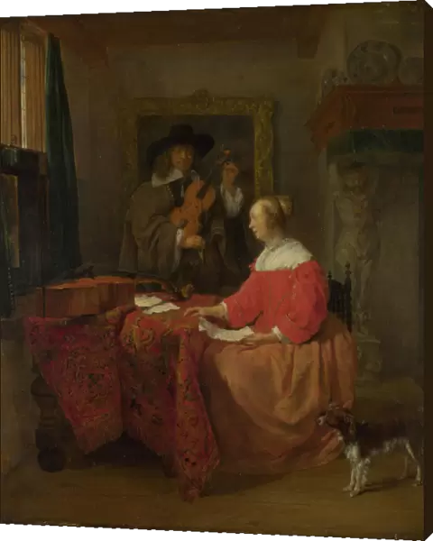 A Woman seated at a Table and a Man tuning a Violin, c. 1657?1658. Artist: Metsu, Gabriel (1629-1667)