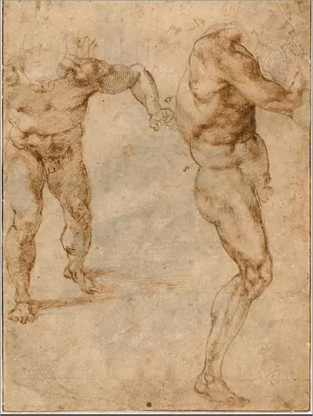 Two Nude Studies of a Man Storming Forward and Another Turning to the Right, c. 1504. Artist: Buonarroti, Michelangelo (1475-1564)
