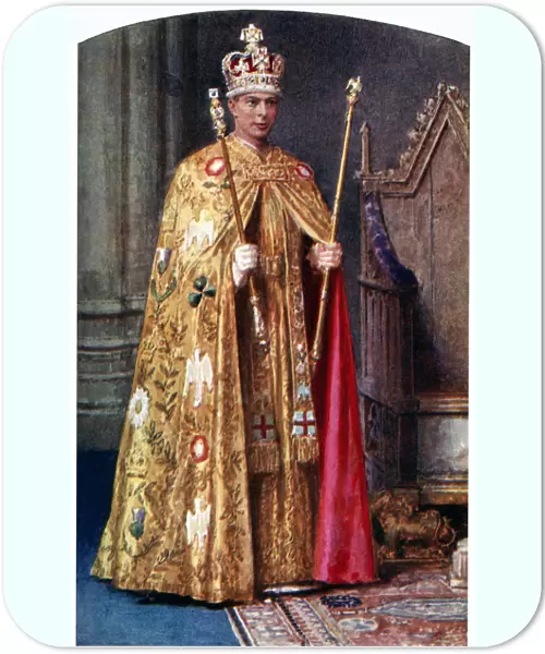 George VI in coronation robes: the Golden Imperial mantle, with St Edwards crown, 1937. Artist: Fortunino Matania