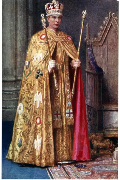 George VI in coronation robes: the Golden Imperial mantle, with St Edwards crown, 1937. Artist: Fortunino Matania