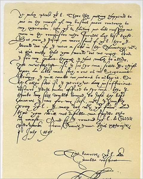Letter from Francis Bacon to Sir John Puckering, 28th July 1595. Artist: Sir Francis Bacon
