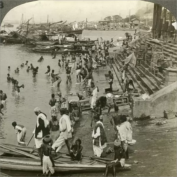 Bathing at a Ghat on the Ganges, Calcutta, India, c1900s(?). Artist: Underwood & Underwood