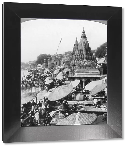 A temple and ghats on the Ganges at Benares (Varanasi), India, 1900s