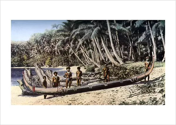 Native canoe on a palm shaded beach, Solomon Islands, c1923. Artist: York & Son