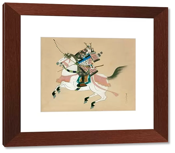 Samurai Warrior riding a horse. A Japanese painting on silk, in a traditional Japanese style
