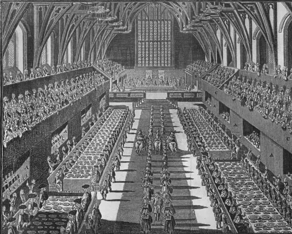 The interior of Westminster Hall at the coronation banquet of King George II, 1727 (1911). Artist:s Moore