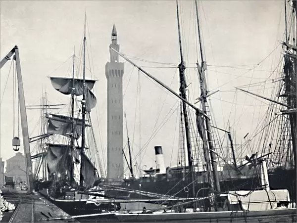 Grimsby - View of the Docks, with the Hydraulic Tower, 1895