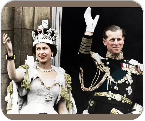 Queen Elizabeth II and the Duke of Edinburgh on their coronation day, Buckingham Palace, 1953