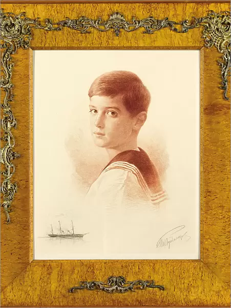 Portrait of the Successor to the throne Tsarevich Alexei Nikolaevich of Russia with a remarque depiction of the Imperial Yacht, 1913. Artist: Rundaltsov, Mikhail Viktorovich (1871-1935)