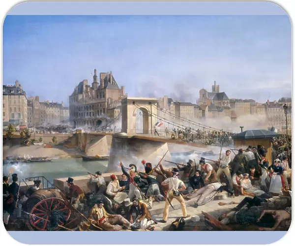 Attack on the Hotel de Ville and Combat on the Pont d?Arcole, July 28, 1830. Artist: Bourgeois, Amedee (1798-1837)