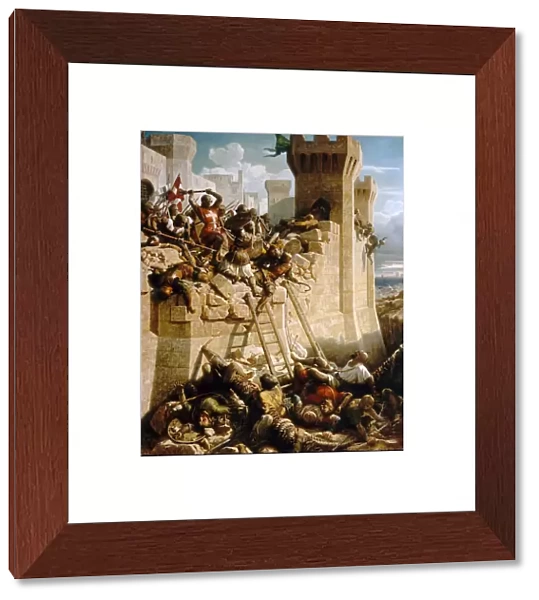 Guillaume de Clermont defending the walls at the Siege of Acre, 1291. Artist: Papety, Dominique (1815-1849)