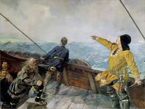 Leiv Eiriksson discovers America. Artist: Krohg, Christian (1852-1925)