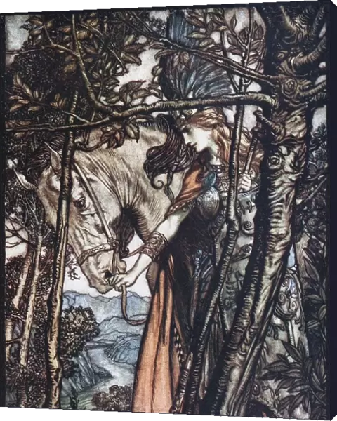 Brunnhilde leads her horse by the bridle. Illustration for The Rhinegold and The Valkyrie by Richa Artist: Rackham, Arthur (1867-1939)