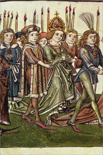 Queen Elizabeth of Luxembourg. Detail from the Richentals illustrated chronicle, c. 1440. Artist: Master of the Chronicle of the Council of Constance (active c. 1440)