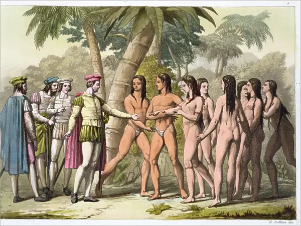 Christopher Coumbus with Hernando Cortes receiving a native American girl as a gift, (c1820-1839)
