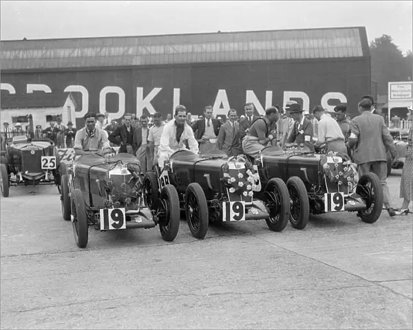 Three MG Magnas at the LCC Relay Grand Prix, Brooklands, Surrey, 1933. Artist: Bill Brunell