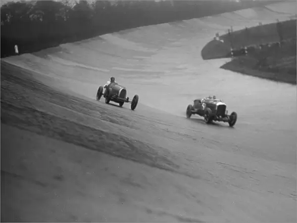 Bugatti and Bentley of Eddie Hall racing at a BARC meeting, Brooklands, Surrey, 1931 Artist