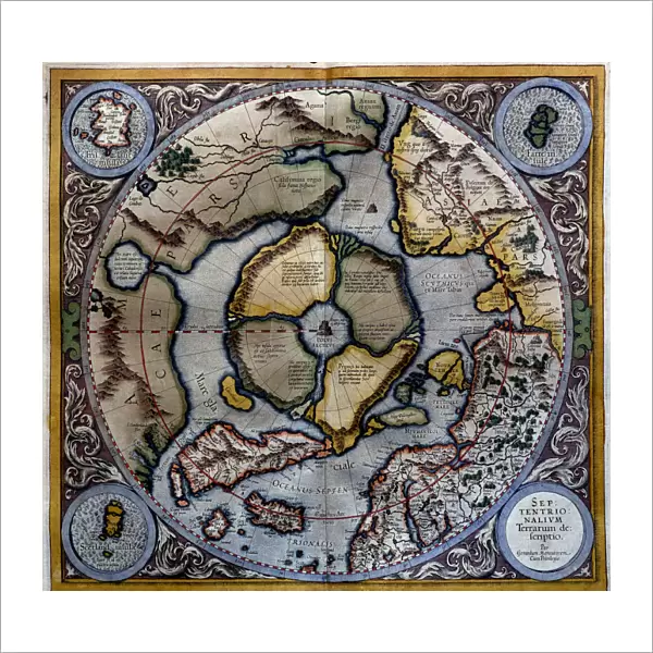 Atlas of Gerardus Mercator, 1595, map of the Arctic to the North Pole and surrounding
