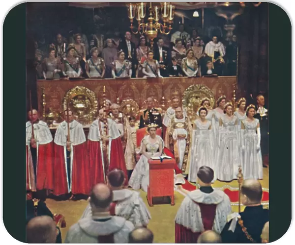 The Queen, after her entry into the Abbey Church of Westminster, is seated in her