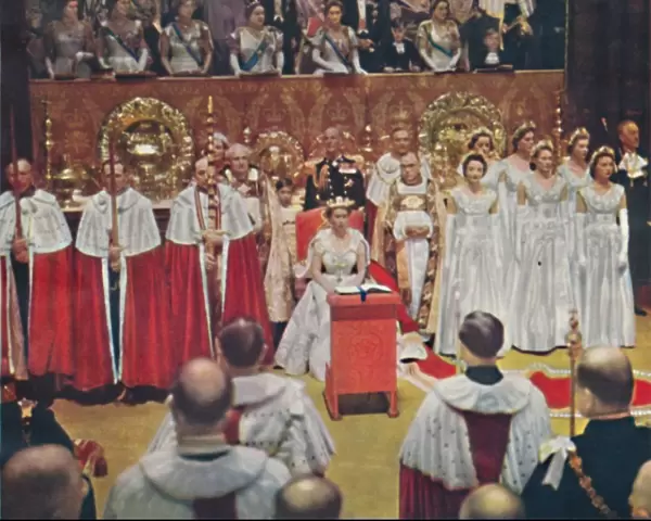 The Queen, after her entry into the Abbey Church of Westminster, is seated in her