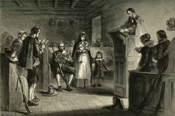 Public Worship at Plymouth by the Pilgrims, (1877). Creator: Albert Bobbett