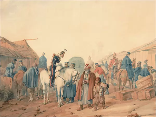 Supply base of the British Army at the Balaclava harbour, 1854. Artist: Norie, Orlando
