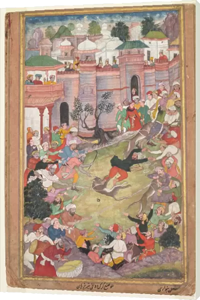 The game of wolf-running in Tabriz, from an Akbar-nama (Book of Akbar), c. 1595-1600