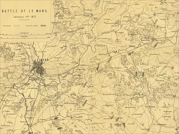 Map of the Battle of Le Mans, 11 January 1871, (c1872). Creator: R. Walker