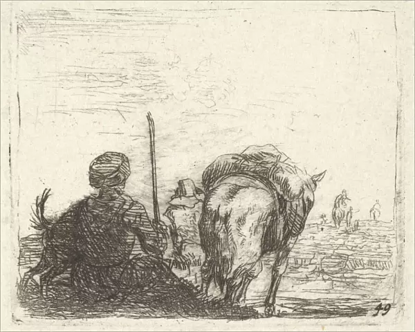 Pack-horse, seated man with staff in right hand, and dog, all viewed from the rear... ca