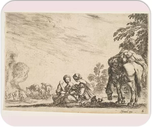 Plate 6: two women, one nursing a child, seated next to a dog and a horse carrying a pack