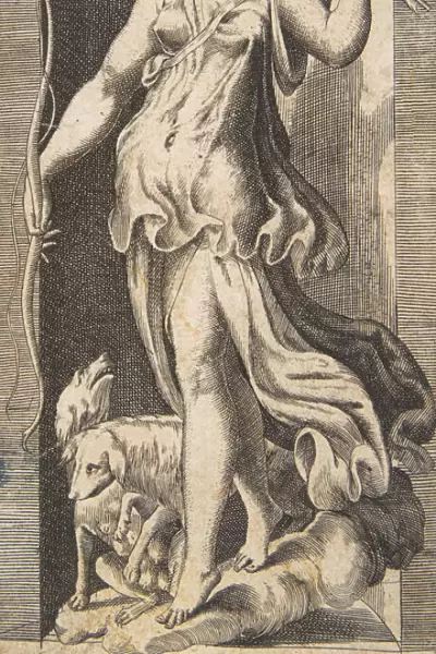 Diana the huntress acompanied by her dogs standing in a niche, 16th century
