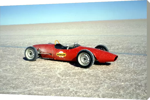 Elfin Ford used to test tyre grip during Bluebird record attempt, Lake Eyre, 1964
