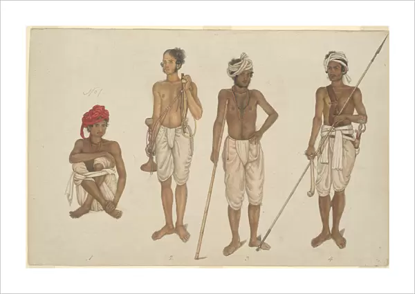 Four Recruits in White Dhotis, page from the Fraser Album, Company School, c. 1815  /  16