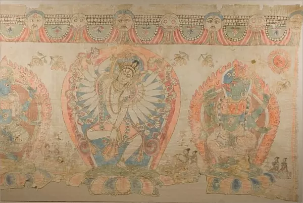 Tantric Temple Banner of a Dancing Goddess Flanked by Dakinis, 17th century