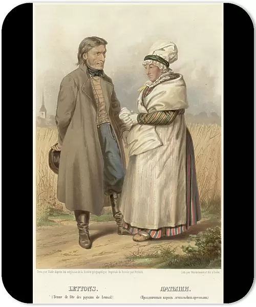 Latvians. (Festive attire of Lemzal peasants), 1862. Creator: Karl Fiale