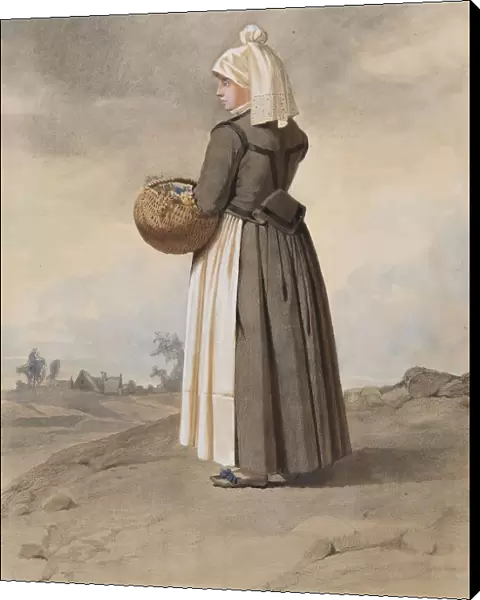 Apparel - woman in costume in full-length oblique view from behind in landscape, 1810-1857. Creator: Otto Wallgren