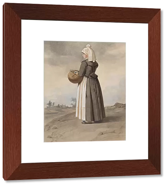 Apparel - woman in costume in full-length oblique view from behind in landscape, 1810-1857. Creator: Otto Wallgren