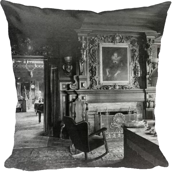 Study with portrait of woman in Elizabethan dress, over fireplace... Greenwich, Connecticut, 1908. Creator: Frances Benjamin Johnston